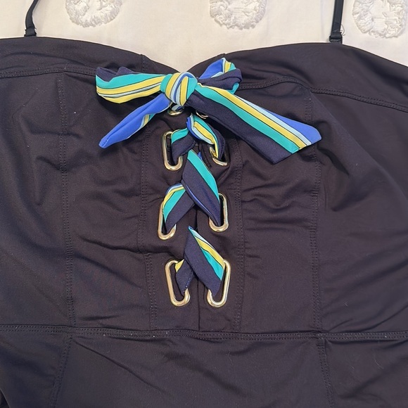 Trina Turk ipanema one piece bandeau lace up black blue swimsuit large - Picture 5 of 6